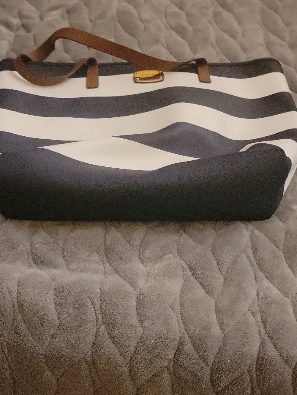 Michael Kors Navy and White Striped Tote with Brown Leather Handles